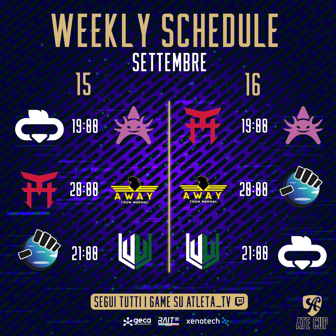 Manca pochissimo all'inizio di #ATECUP, ed ecco gli abbinamenti della prima giornata.
Non vedete l'ora? Tranquilli, avrete a disposizione un piccolo aperitivo del torneo nella serata di domani, per conoscere al meglio i team partecipanti, stay tuned! 
#TogetherHeroes