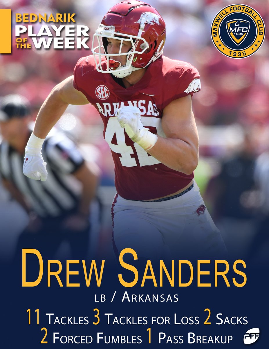 Drew Sanders is the Week 2 Bednarik Award Player of the Week  🏈🔥 

<a href="/RazorbackFB/">Arkansas Razorback Football</a> | <a href="/Drew_16Sanders/">Drew Sanders</a> | #MaxwellFootball

🔗: wp.me/PbZXEI-7qi