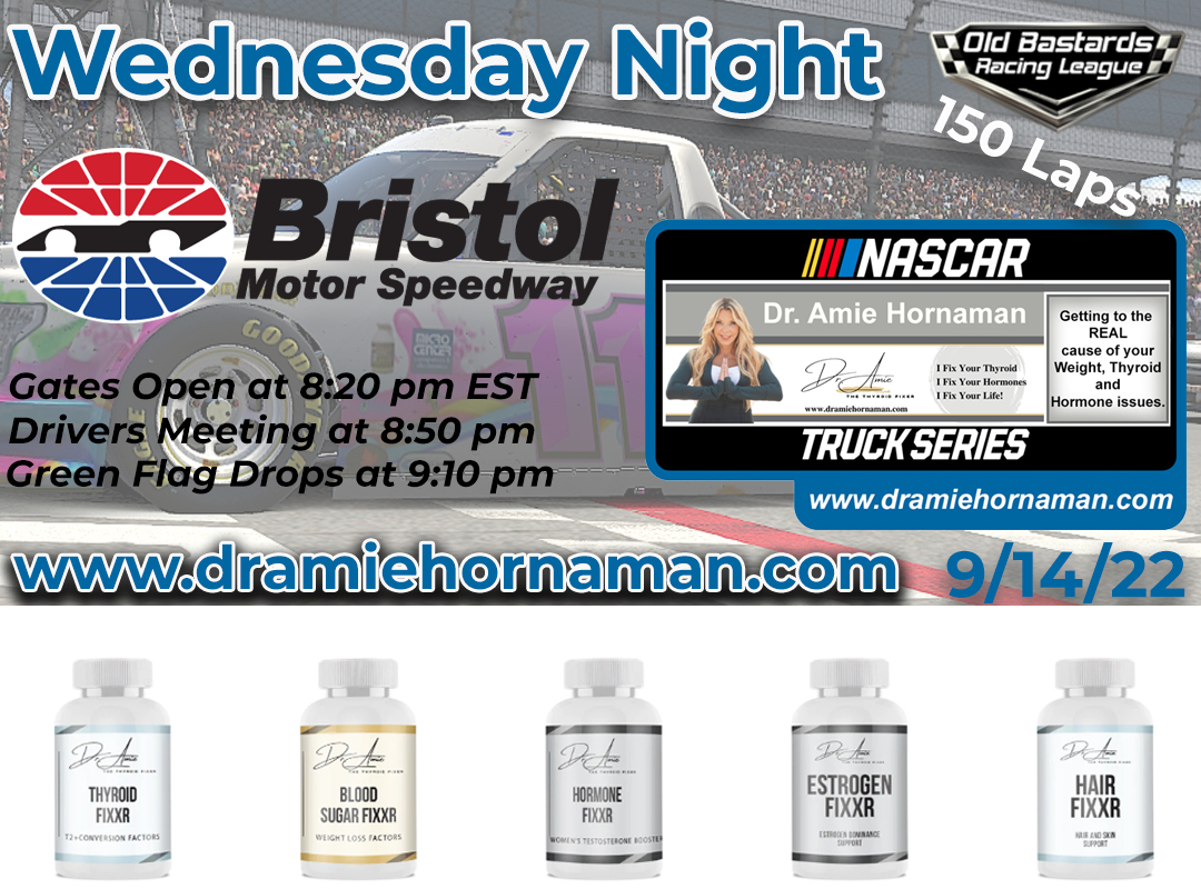 i40media's tweet photo. Wednesday Night  Old Bastards Racing League Dr. Amie Hornaman The Thyroid Fixer NASCAR Truck Series Race Bristol Motor Speedway 150 Laps

Practice Starts at 8:20 PM EST
Race Starts 9:00 PM

Race Info at: https://t.co/3o3YekUSxJ https://t.co/qsB8Sqfhj3 https://t.co/CzTdoIIP7h