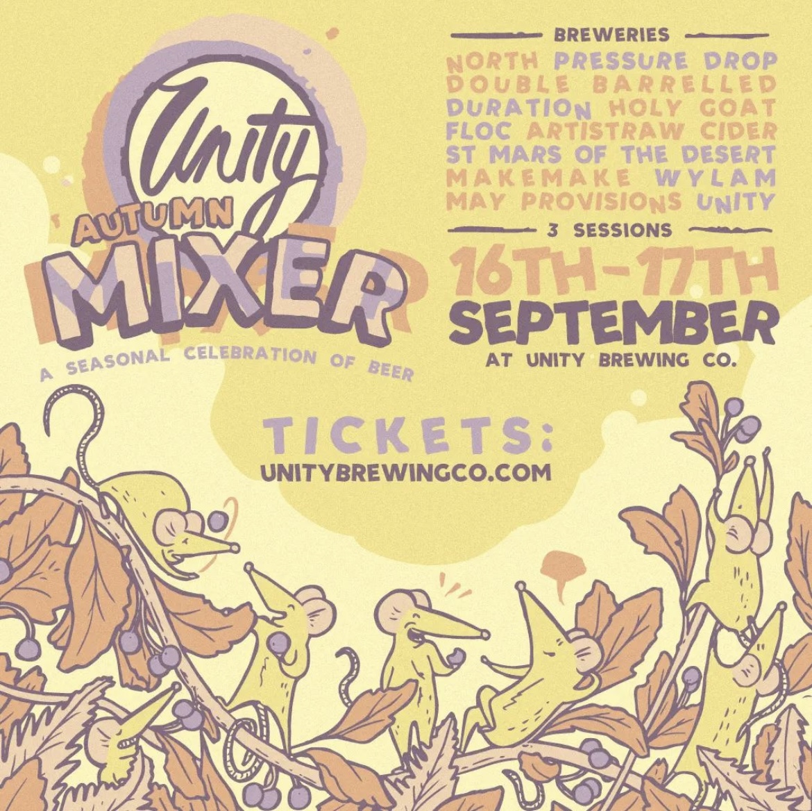 We are excited to announce we will be attending Unity Autumn Mixer, a seasonal celebration of beer with a wide selection of amazing breweries from all over the UK.

Then grab a  ticket here - bit.ly/3pZDkSX

#HolyGoatBrewingr #Unityautumnmixer #Unity