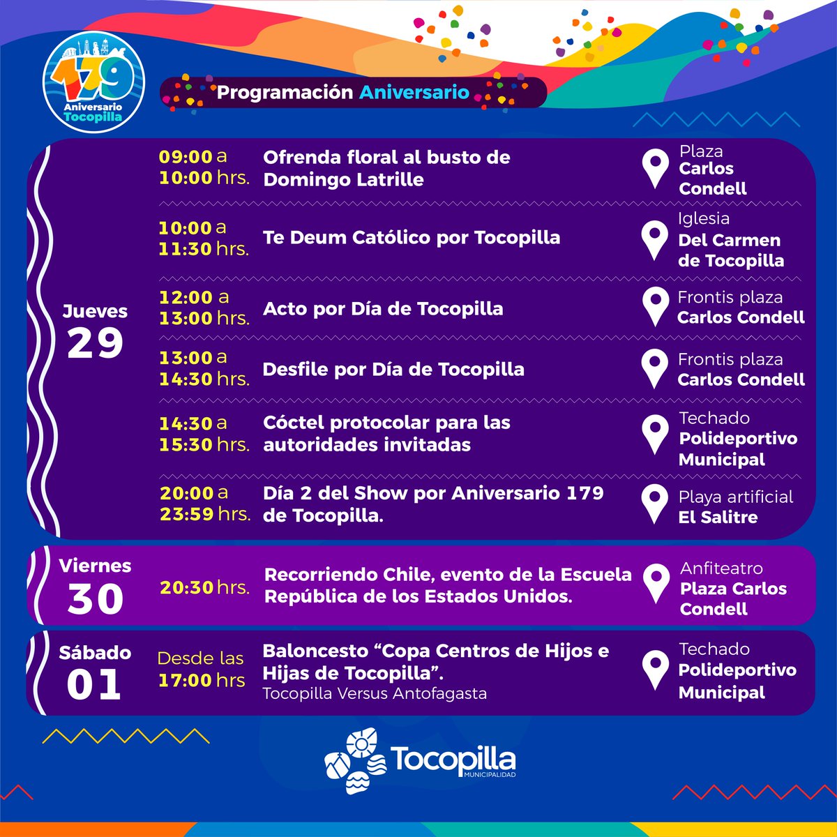 ¡Hola, Tocopilla!🎉
Les dejamos el calendario de actividades oficiales por la celebración de fiestas patrias y nuestro mes de aniversario👌🏻.

#Tocopilla #aniversario179 #fiestaspatrias