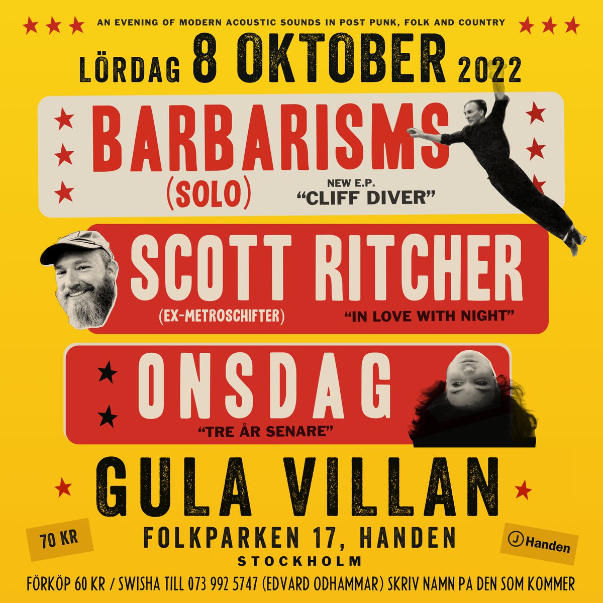 scottritcher's tweet image. I’m finally playing at Stockholm’s historic Gula Villan in Handen and psyched to be doing so with my buddy Nick who will perform songs of his band Barbarisms. Singer-songwriter Onsdag will also kick out her svenska hits.

#scottritcher #metroschifter