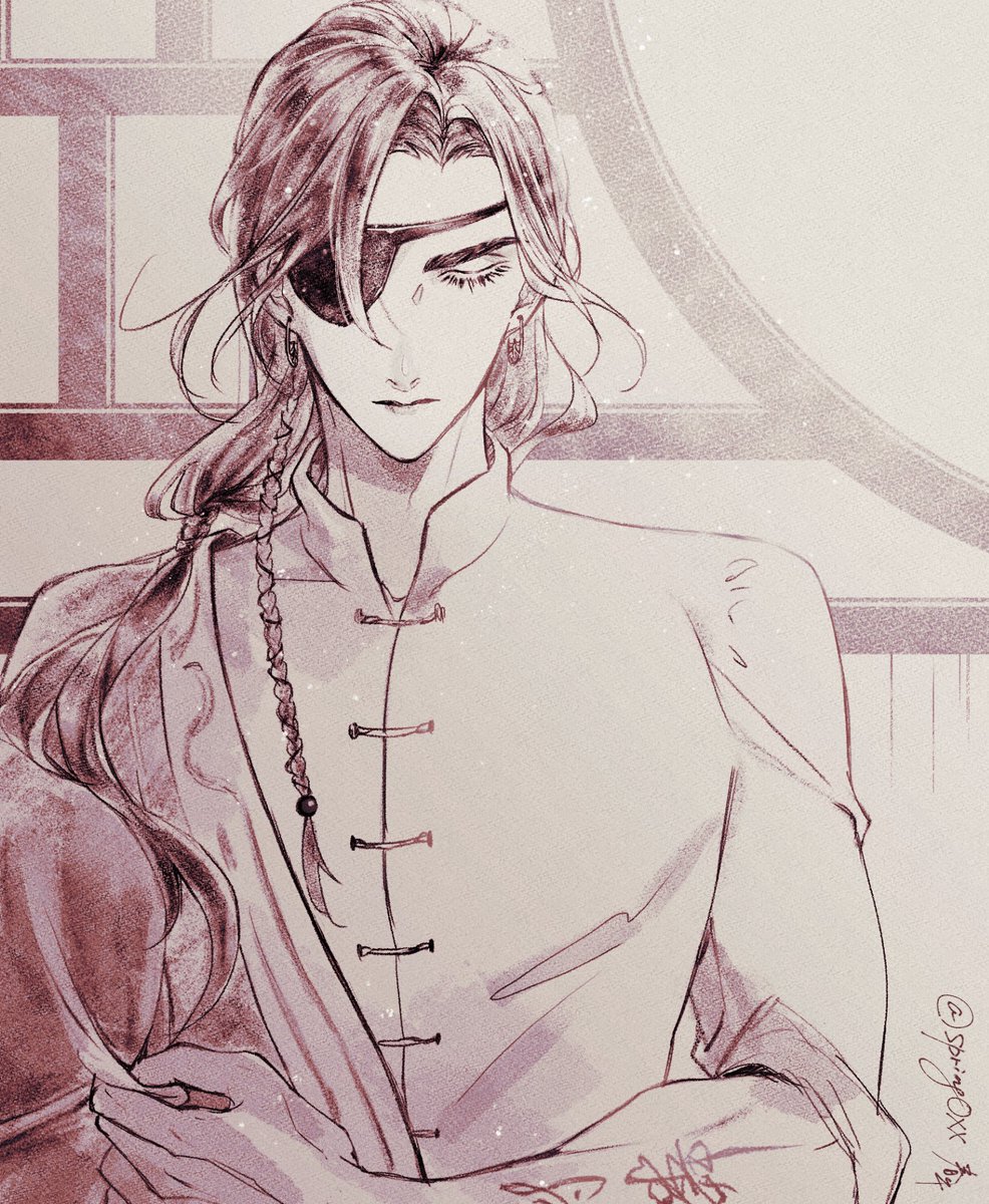 eyepatch male focus 1boy long hair chinese clothes monochrome braid  illustration images
