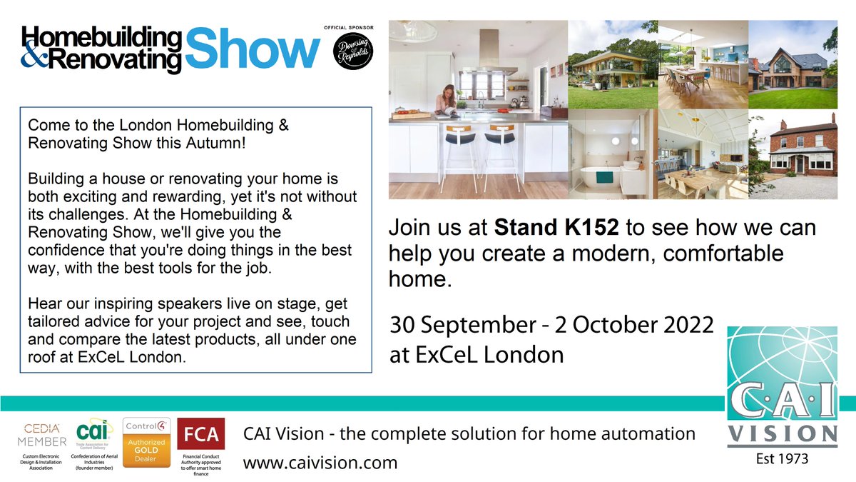 From 30 September - 2 October 2022 we will be at the UK's foremost show for home builders and renovators.  The show is also essential if you are thinking of building or renovating your own home.

See you there!

#homebuilder
#renovations 
#renovator
#homeautomation
#smarthomes