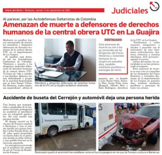 UNSITRASEGNAL's tweet photo. Amenaza de muerte a ALFREDO DIAZ BALANTA. Presidente de UNSITRASEG. 
@petrogustavo 
@MintrabajoCol 
@DefensoriaCol https://t.co/LU8dsynk3h