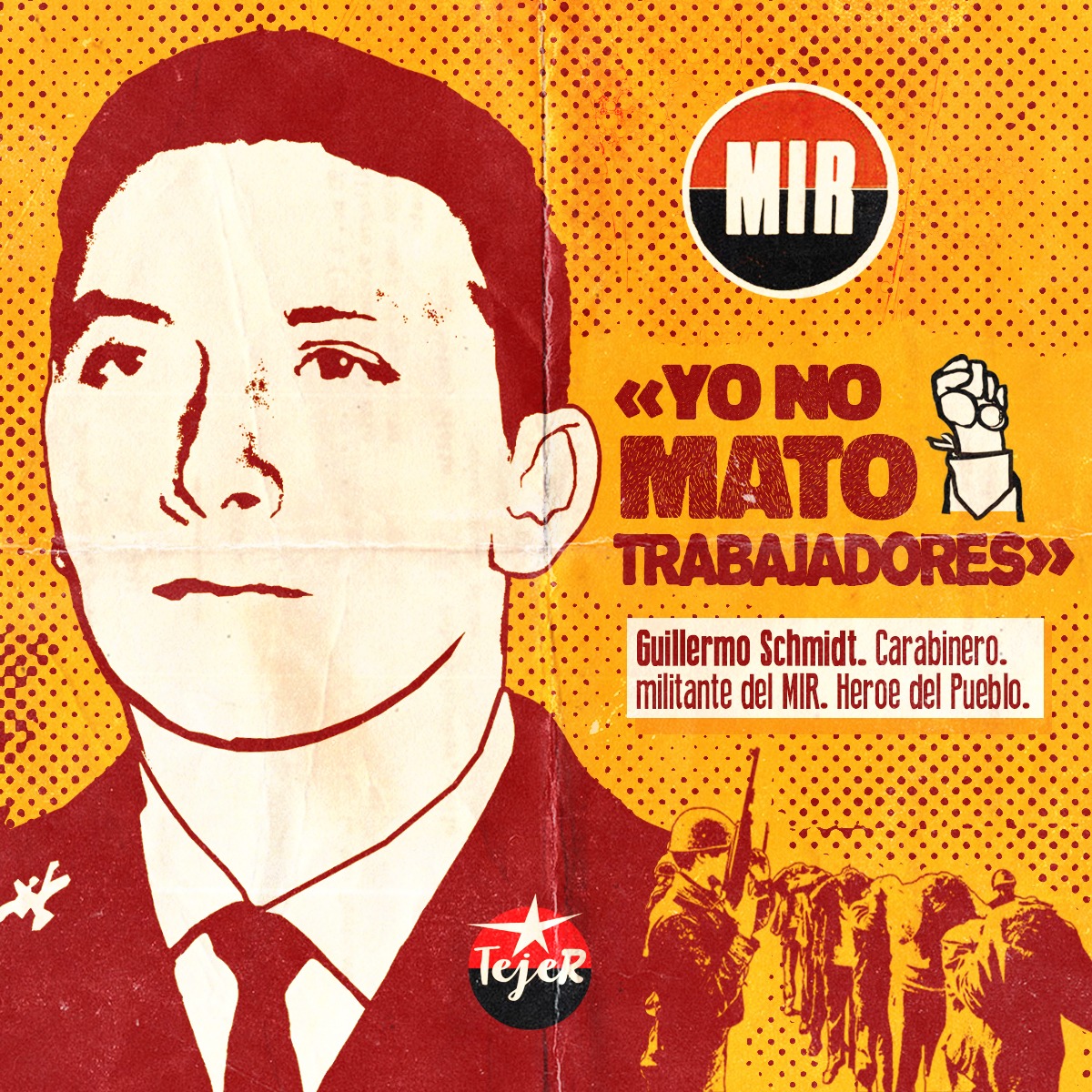TejeR_org's tweet photo. "No hueón, yo no mato trabajadores (...) Yo juré defender mi patria y respeto a la Constitución de Chile", Guillermo Schmidt, militante del MIR, asesinado el 12 de septiembre del 73 por carabineros de su mismo cuartel.

Su valentía sigue viva en nuestra memoria. https://t.co/SH4GO95oOj