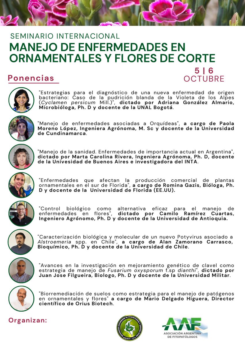 #EventosASCOLFI | Seminario Internacional en Manejo de Enfermedades en Ornamentales y Flores de Corte 🌸🌺🌿

📅 5 y 6 de Octubre de 2022
🕑 1:30 a 5:00 PM COL
        3:30 a 7:00 PM ARG
📱Modaldiad virtual

Enlace de inscripción: ascolfi.org/eventos/

#Flores #FloresdeCorte