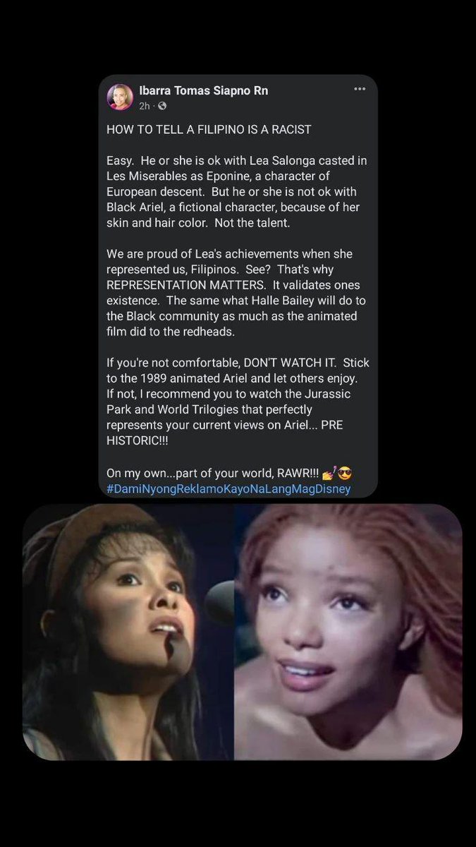 mrallvalentine's tweet photo. HOW TO TELL A FILIPINO IS A RACIST

Easy.  He or she is ok with Lea Salonga casted in Les Miserables as Eponine, a character of European descent.  But he or she is not ok with Black Ariel, a fictional character, because of her skin and hair color.  Not the talent. https://t.co/2STjQECSzH