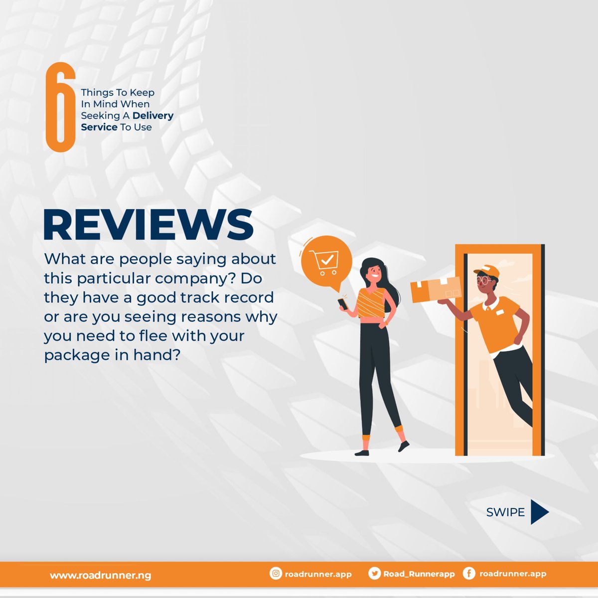 Road_Runnerapp's tweet photo. There's choosing just any delivery service, and there's choosing the right delivery service.
If you want to choose the right one for you either as a business or individual, these are a few things to keep in mind.
#roadrunnerapp #deliveryservice #deliveryserviceinabuja https://t.co/UhX57hXdKf
