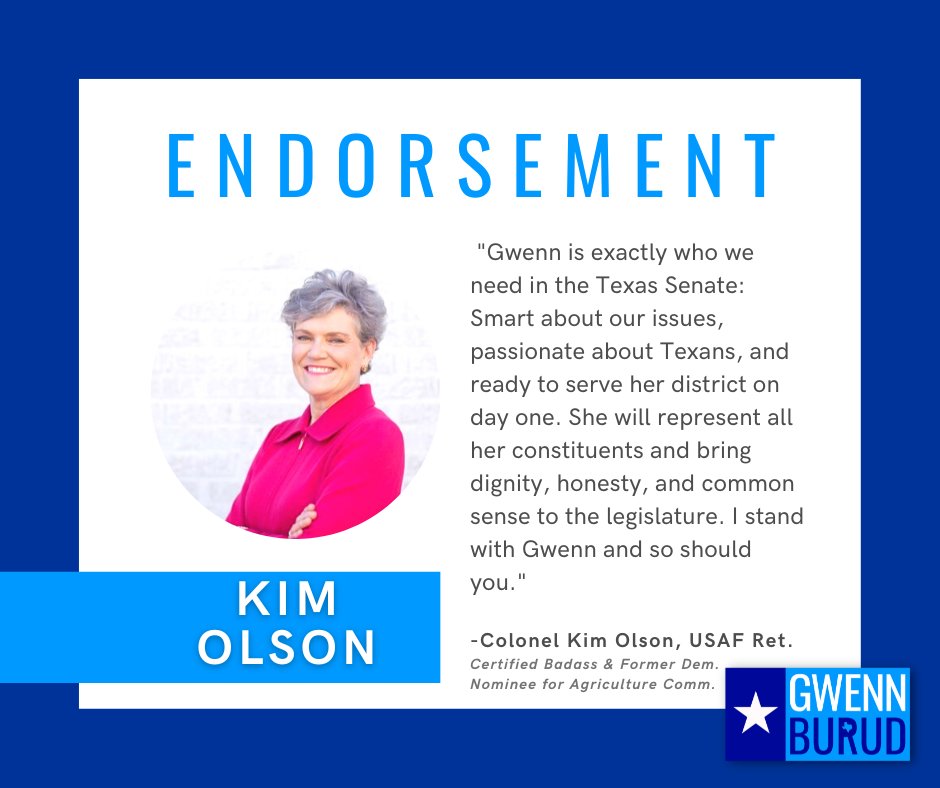 Honored to have such a resounding and strong endorsement from @KimOlsonTx - a certified badass, and champion for badass women everywhere. Thank you, Colonel!