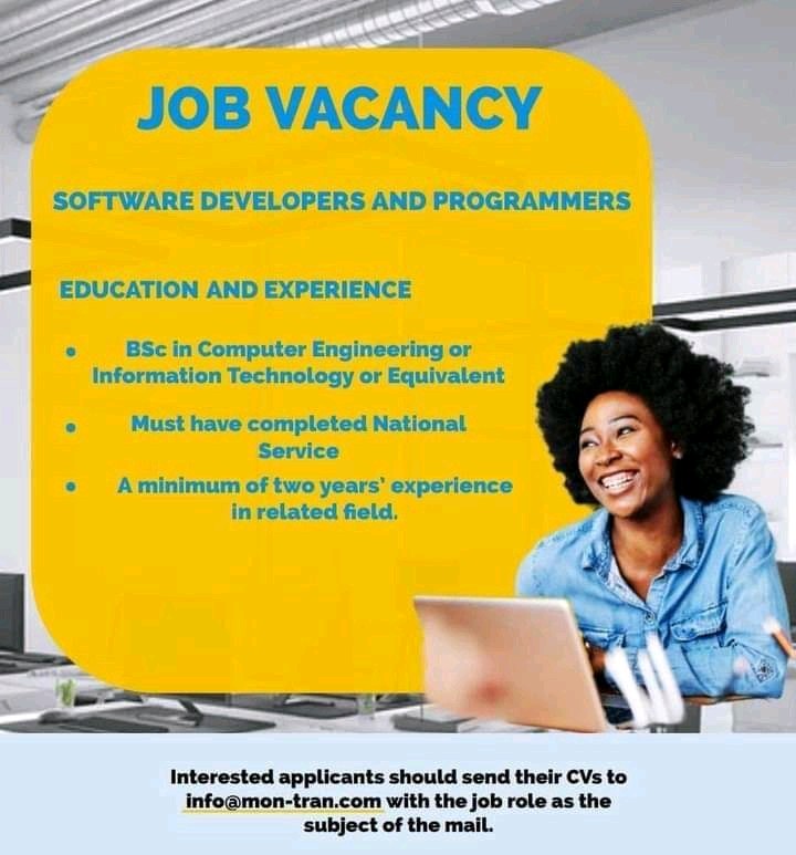 LarbJay's tweet photo. Software Devs needed!

If you have a BSC. In Computer Engineering, Information Technology, or an equivalent degree/experience, you should consider applying.

Send your CV, and application to info@mon-tran.com
#TechIsHiring #GH #Job https://t.co/TIJx5ZP13m
