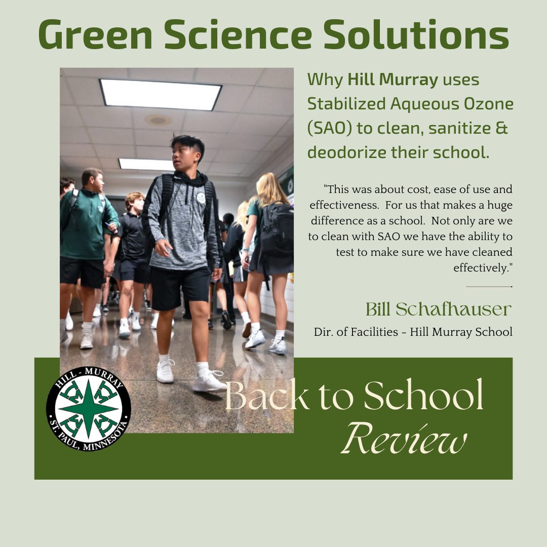GreenSciUS's tweet photo. Hill Murray High School uses Stabilized Aqueous Ozone (SAO) as an alternative to harmful chemicals to clean, sanitize, and deodorize their facilities. #greensciencesolutions #gss #SupportedByScience #schools #teachers #education #studentsafety #reduceyourchemicalfootprint https://t.co/oGShp3NkS6