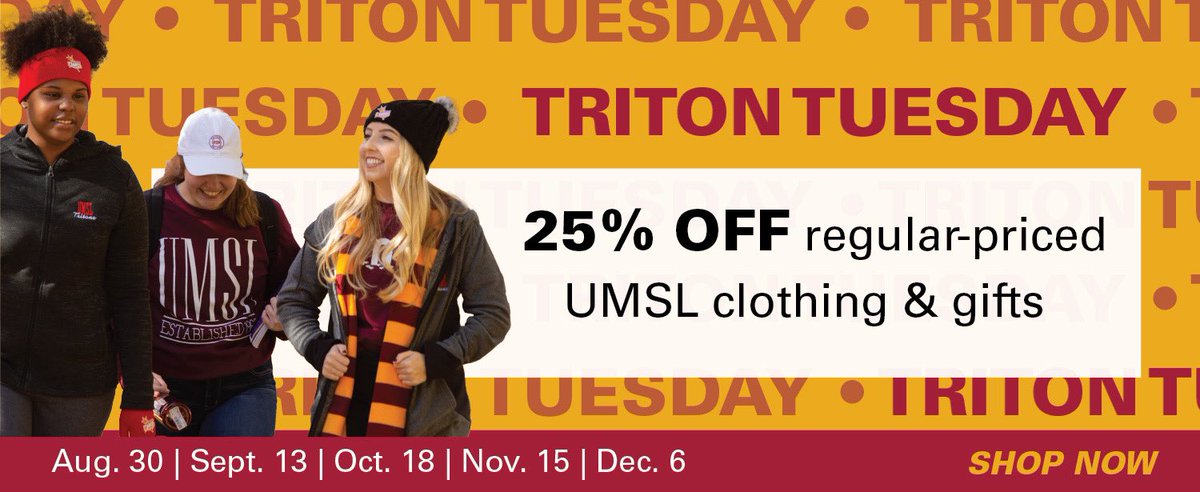 It’s Triton Tuesday! Get 25% off all UMSL clothing and gifts in store and online! #tritontuesday #umsltritons #umsltritonstore