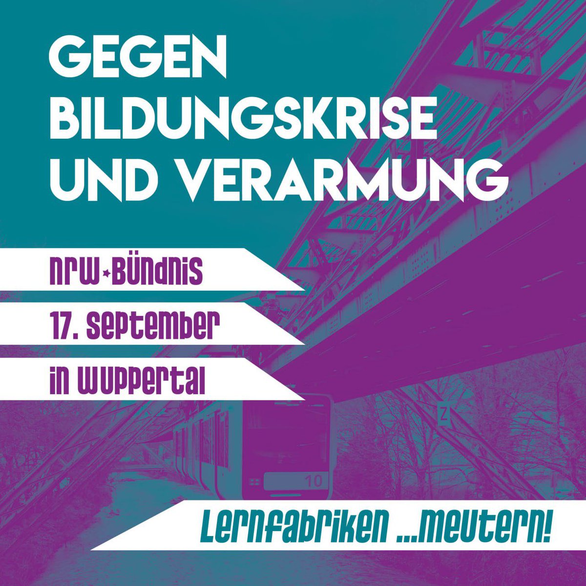 +++ Bitte teilen +++

🔥 Bildungspolitisches NRW-Bündnis
📆17. September
📍 Wuppertal ab 11 Uhr 

Seit Mai formiert sind in NRW wieder unser Regionalbündnis im Kampf gegen Kürzungen im Bildungswesen und soziale Ungleichheit.

lernfabriken-meutern.de/termin/nrw-bue…

#genugistgenug