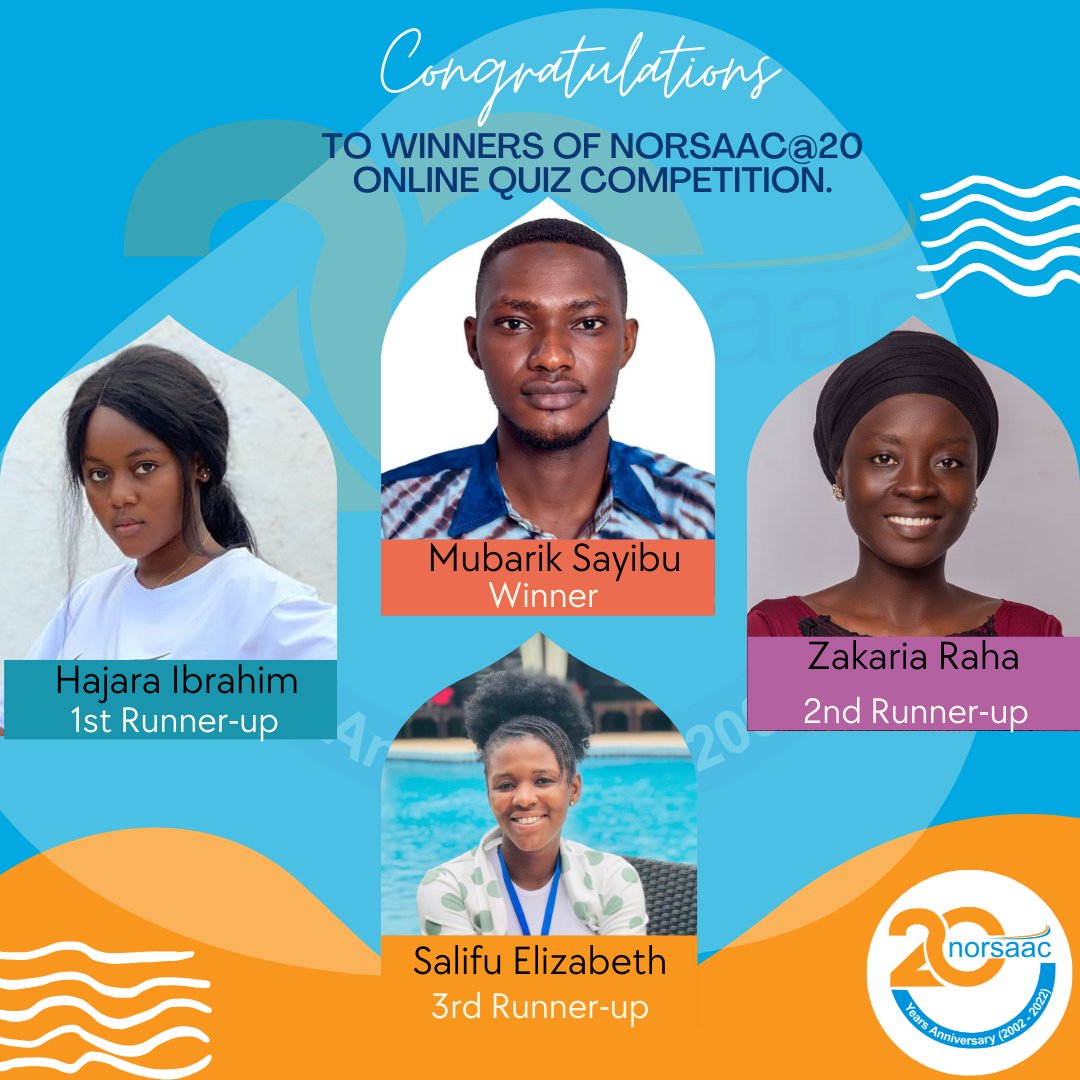 norsaac's tweet photo. We are pleased to announce the winners of the Norsaac@20 online quiz competition, which took place on September 7th, 2022.
The quiz team leader will contact and give prizes to all winners and participants.
Congratulations to all.
#norsaacis20 #norsaac@20 #norsaac #NSP3 https://t.co/DL9DnmZMvm