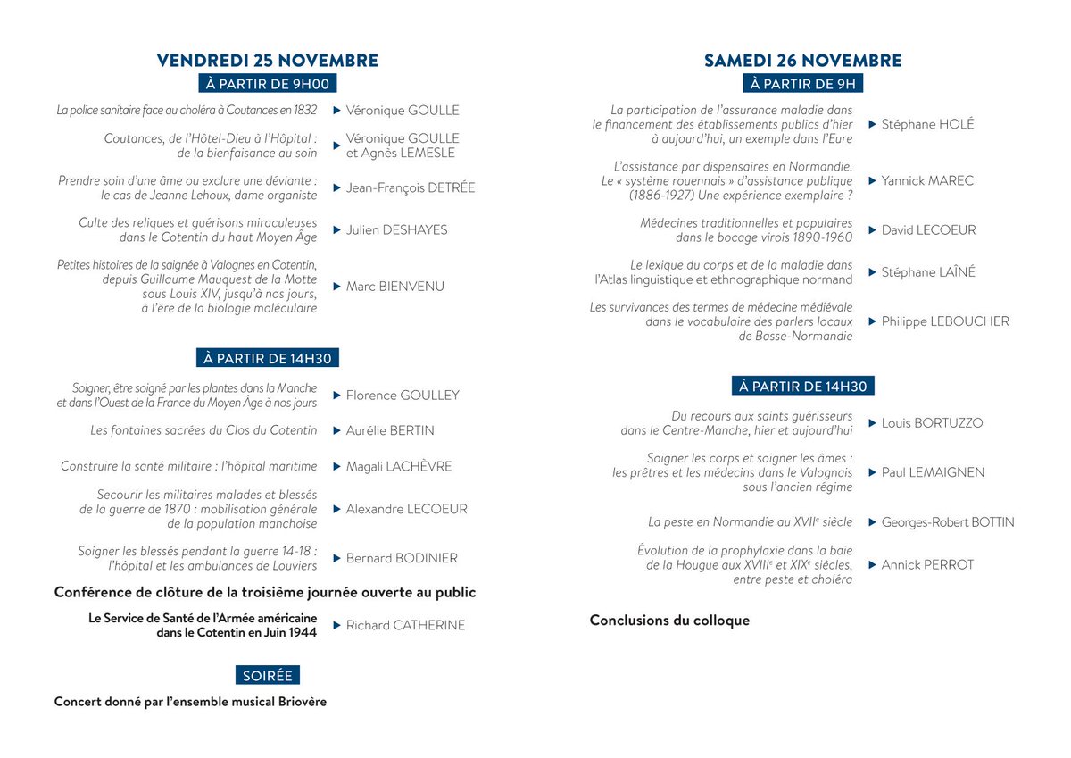 SAHMValognes's tweet photo. Du 23 au 26 novembre 2022 : Colloque "Soigner et être soigné dans la Manche et en Normandie du Moyen Âge à nos jours".
https://t.co/l9myq2dVpG
#Valognes #Manche 
@LaManche50
@Gazette50 @ArchivesManche @LaPresseManche @lamanchelibre @OuestFrance @tendanceouest @fbleucotentin https://t.co/2LEg6YdKlk