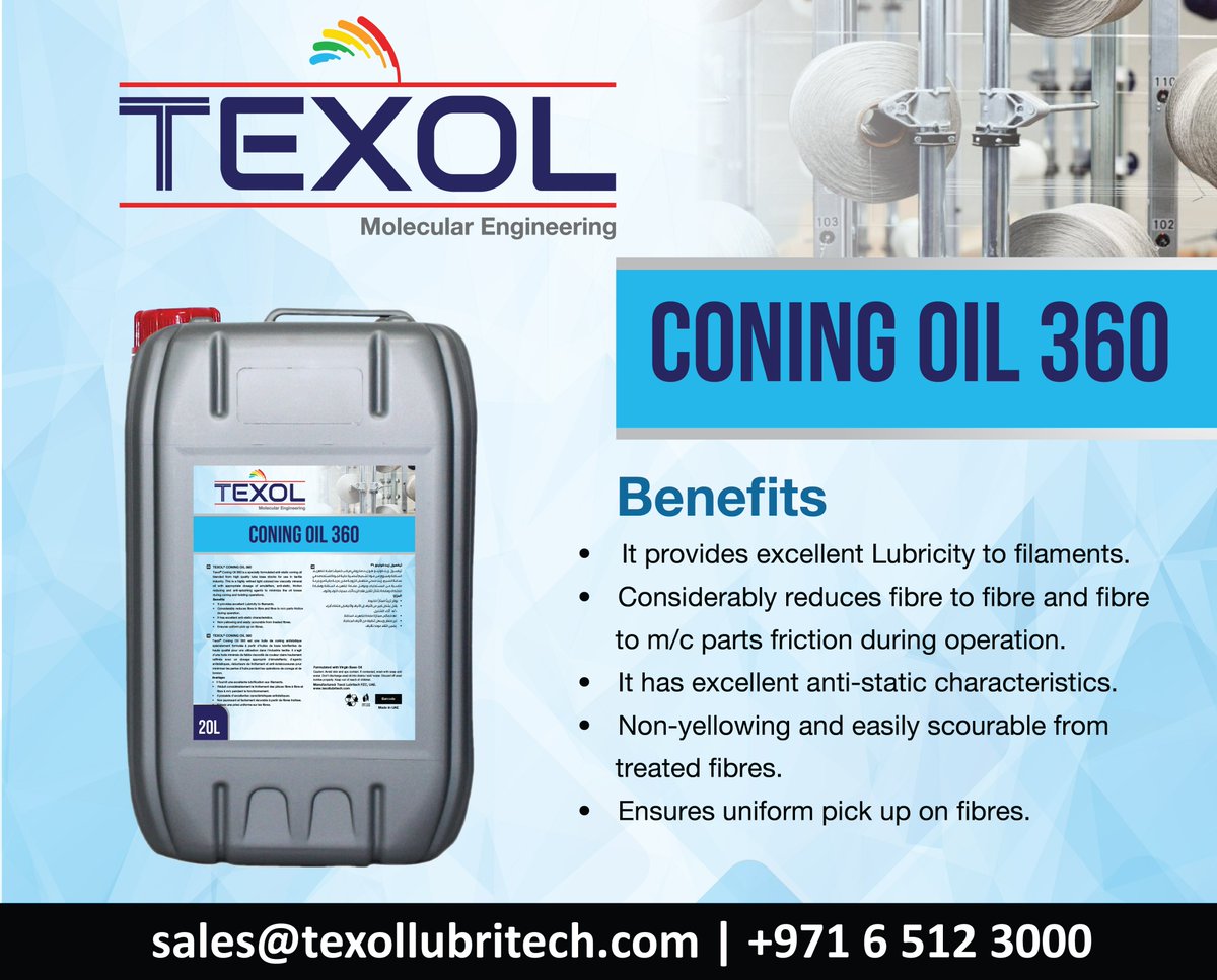 OilcompaniesUAE's tweet photo. Texol® Coning Oil 360 is a specially formulated anti-static Coning oil blended from high-quality lube base stocks for use in Textile Industry.
#textileindustries #coningoil #textilemachinery #lubricants #oilandgasindustry #industriallubricants https://t.co/L6N2EhQOCS