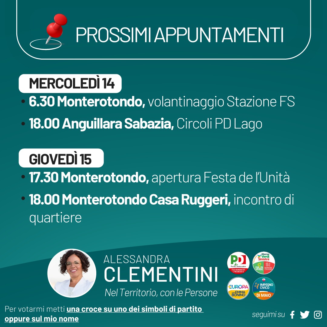 ClementiniLazio's tweet photo. 📌 𝐏𝐑𝐎𝐒𝐒𝐈𝐌𝐈 𝐀𝐏𝐏𝐔𝐍𝐓𝐀𝐌𝐄𝐍𝐓𝐈

Si intensificano gli appuntamenti giorno dopo giorno. Questi gli ultimi eventi elettorali inseriti in agenda.

#Elzioni2022 https://t.co/wFuvbpLBdZ