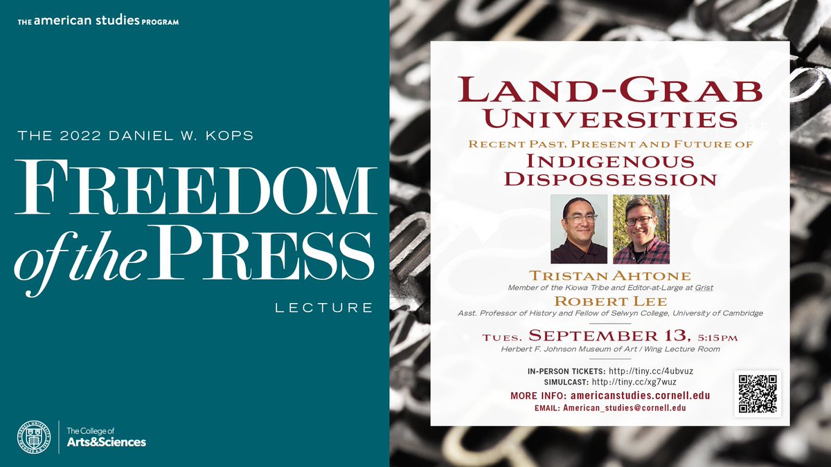Cornell American Studies (@cornellamst) on Twitter photo TODAY - 9/13 at 5:15pm <a href="/Tahtone/">Tristan Ahtone</a> and <a href="/Bobby_L33/">bobbylee@bsky.social</a> will deliver the Kops Freedom of the Press lecture, "Land-grab universities." In-person tickets are all claimed. There is still time to register to stream the talk: ecornell.cornell.edu/keynotes/overv… <a href="/AIISPCornell/">AIISP Cornell</a> <a href="/CornellCAS/">CornellArts&Sciences</a> @CornellOISE TODAY - 9/13 at 5:15pm <a href="/Tahtone/">Tristan Ahtone</a> and <a href="/Bobby_L33/">bobbylee@bsky.social</a> will deliver the Kops Freedom of the Press lecture, "Land-grab universities." In-person tickets are all claimed. There is still time to register to stream the talk: ecornell.cornell.edu/keynotes/overv… <a href="/AIISPCornell/">AIISP Cornell</a> <a href="/CornellCAS/">CornellArts&Sciences</a> @CornellOISE