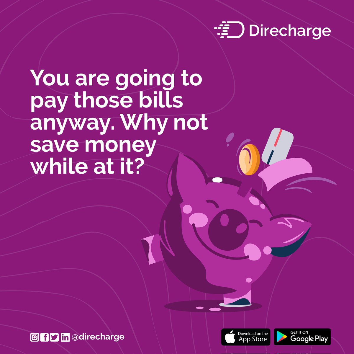 direcharge's tweet photo. How about saving some money while paying those bills?
That is why you should use the @direcharge app for all payments and transfers.
Visit your Appstore or Playstore to download the app.
#direcharge #financialtechnology #paymentsystem #paymentdigital #mobilemoney https://t.co/62h2MWVoGL