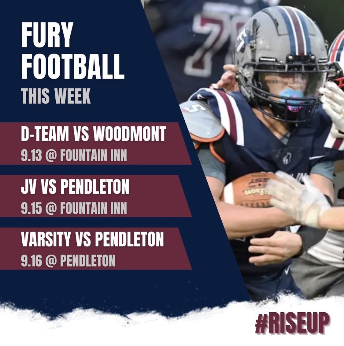 FuryBoosters's tweet photo. 9/13 D-Team kicks off their season at home against Woodmont 6pm
9/15 JV hosts Pendleton. Kickoff is at 6pm.
9/16 Varsity travels to Pendleton. 7:30pm kickoff.
See you in the stands Fury Fans! #RiseUp #FuryPride @FIHS44AD @FIHSfootball44 @FIHSCheer https://t.co/LCbCnQHx7C
