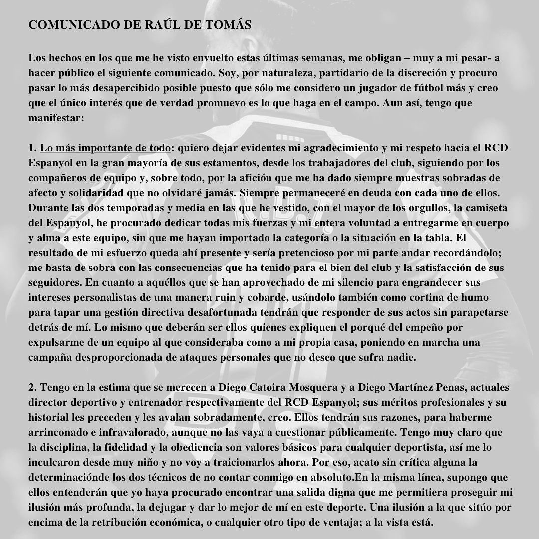 El comunicado de Raúl de Tomás, parte 1.