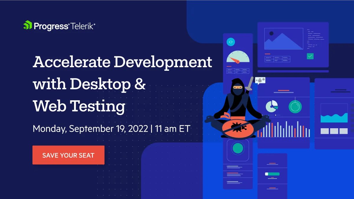 ministryoftest's tweet image. Message from @Telerik 👉Test Studio now supports #desktoptesting covering any #Windows or #electron app! Join us on Sep 19th for a live #webinar and learn how to build automated tests that are as stable as it gets for any #web or #desktop technology 🚀 buff.ly/3B1RCaK