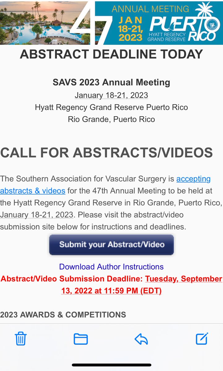 Adam W. Beck (@awbeckmd) on Twitter photo Abstracts are due for the 2023 SAVS meeting TODAY! Would love to see you in sunny Puerto Rico in January. Submit your best science here: savs.org Abstracts are due for the 2023 SAVS meeting TODAY! Would love to see you in sunny Puerto Rico in January. Submit your best science here: savs.org