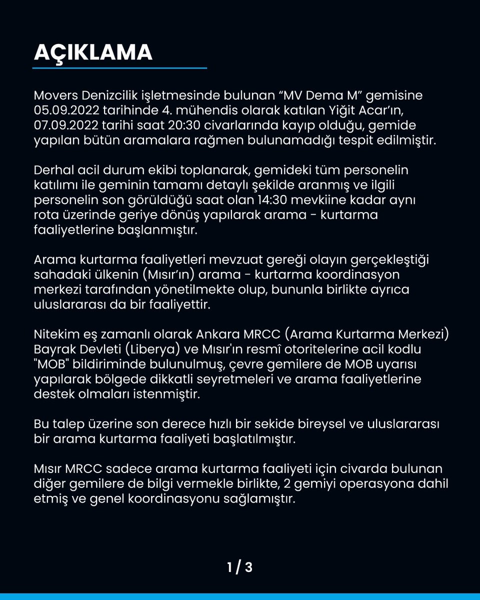 moversmaritime's tweet photo. Kayıp denizci kardeşimiz Yiğit Acar’ın durumu ile yakından ilgilenen ve konuya hassasiyetle yaklaşan tüm takipçilerimize ve camiamıza teşekkür ederiz. https://t.co/pp7b97nWcc