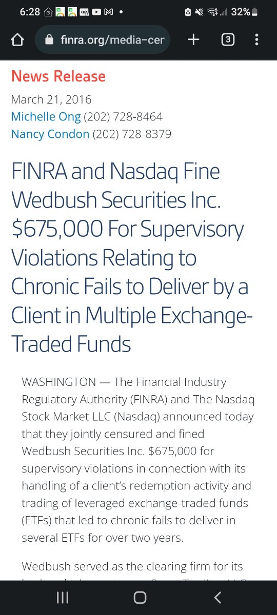 Christalball93's tweet photo. In 2016, Wedbush was fined $675k for chronic fails to deliver.
"This naked redemption activity, along with short selling of the ETFs on the secondary market by Scout Trading, resulted in substantial, repeated fails to deliver by Wedbush"

Fines need to increase!!! #AMC https://t.co/jzQAoBjk7J