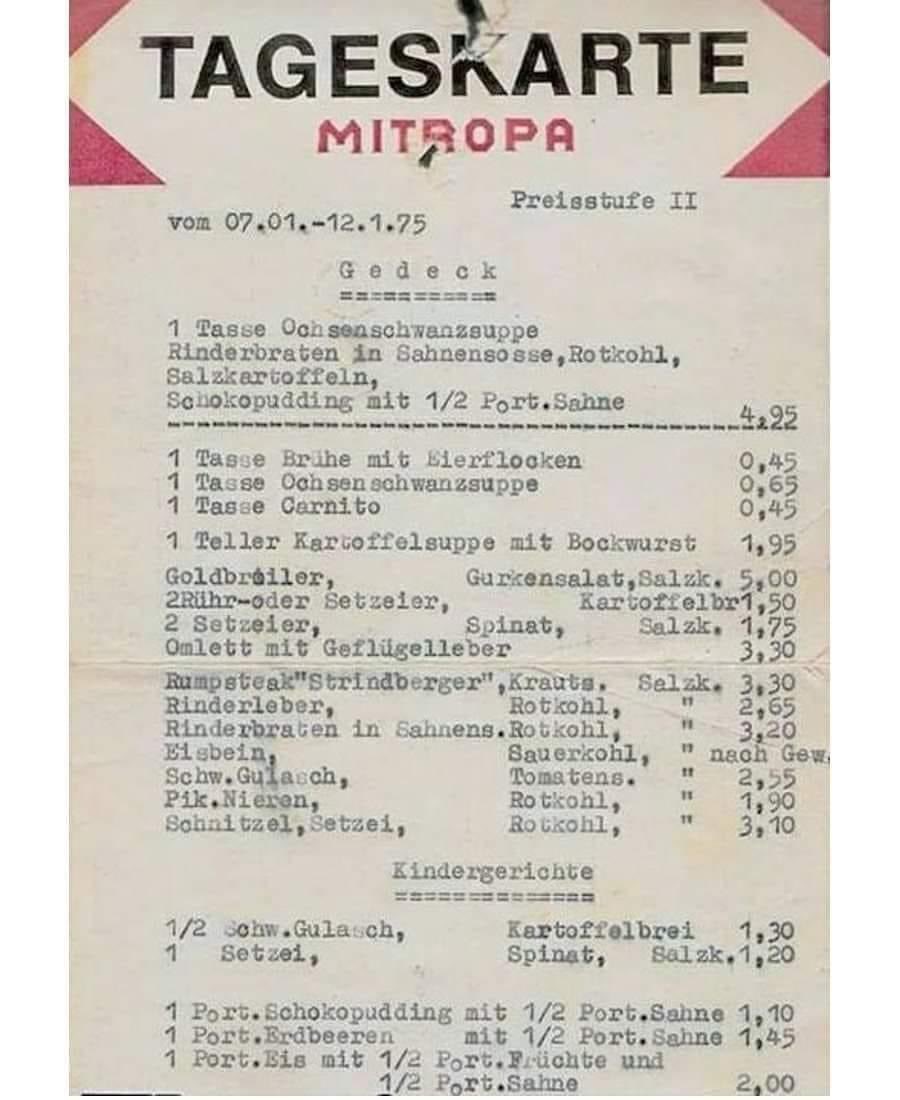 Tageskarte des Speisewagens der DDR-Reichsbahn, 1975.