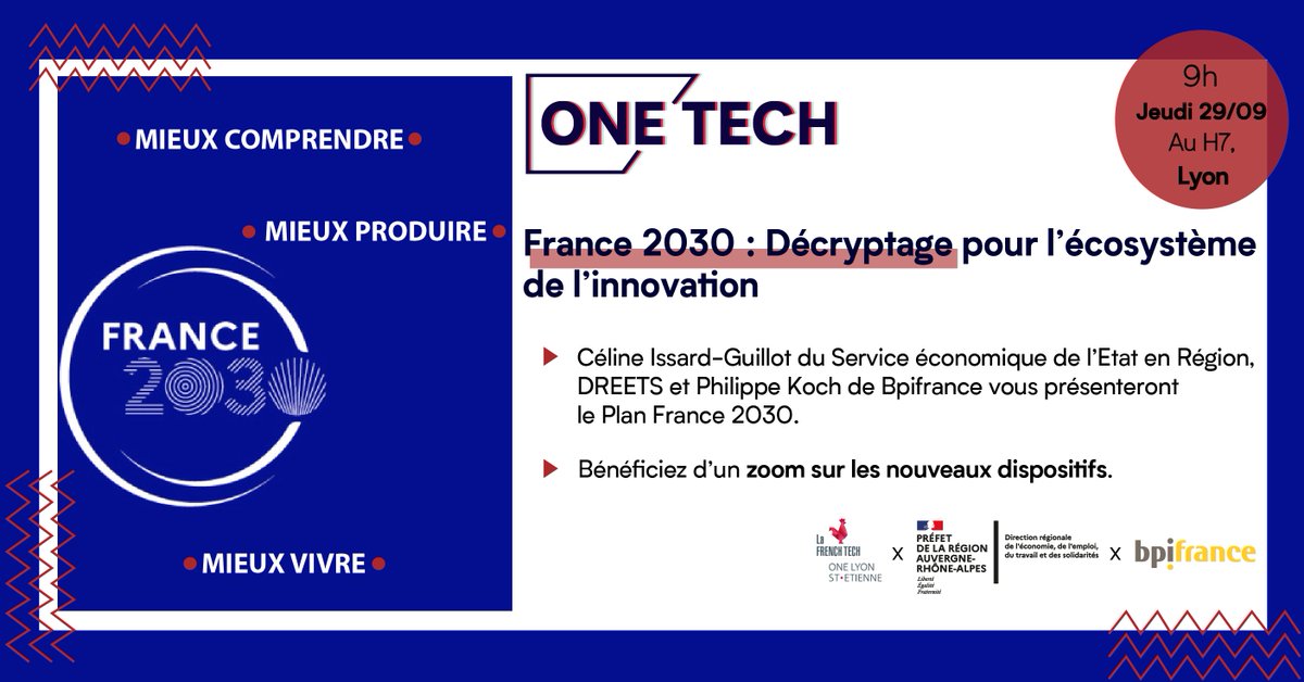 France 2030 c'est un plan qui suit 10 objectifs pour mieux comprendre, mieux vivre, mieux produire en France à l’horizon 2030.

Venez découvrir les dispositifs et les financements associés à l’occasion de notre matinale dédiée !

⚠️ Lien d'inscription en commentaires