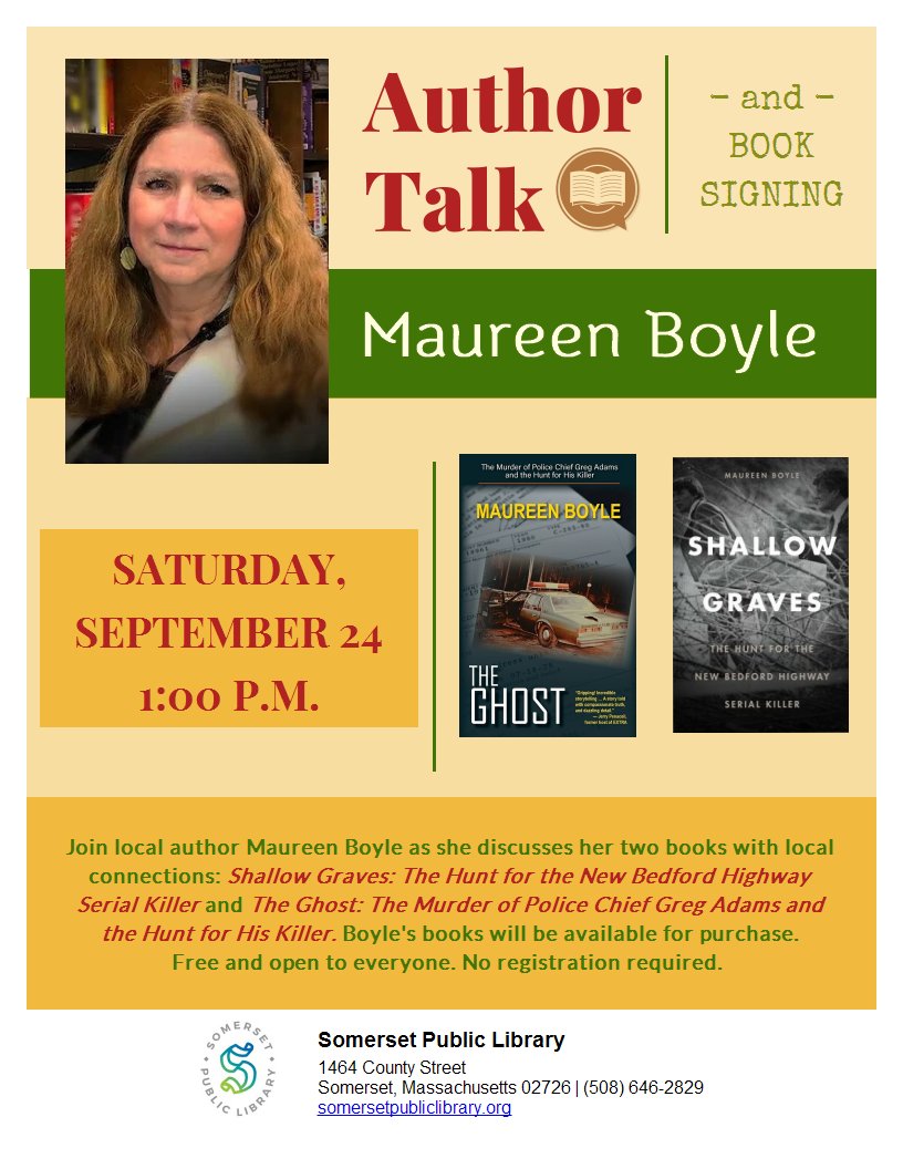 somersetlibrary's tweet photo. Join us September 24 at 1 PM for an author talk and book signing by local author Maureen Boyle. Listen as Boyle discusses her two engaging books with local connections. Free and open to everyone! https://t.co/GQ0RVJUBLp