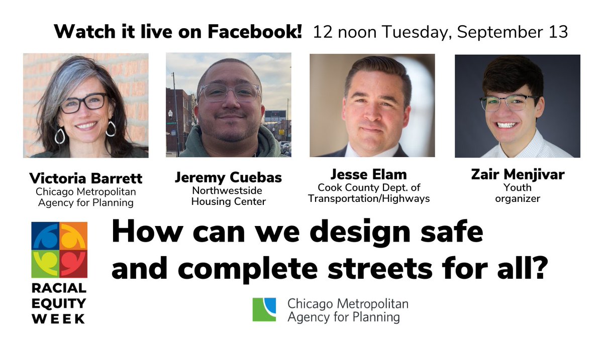 cmapillinois's tweet photo. Traffic safety, especially for people walking and cycling, has never been more urgent in Cook County.
During #RacialEquityWeek, panelists talk about creating vibrant, walkable communities with an equity lens. Watch on Facebook, or register: https://t.co/ZcaRtBq2YA @cookcountygov https://t.co/t8PjPaOcXo