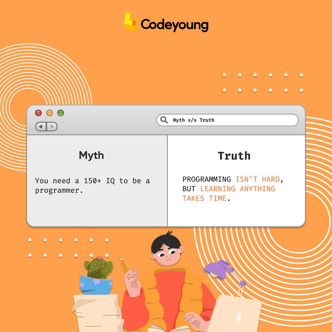 If you expect to become a professional software developer in a matter of weeks, you won’t.

Once you accept the fact that learning takes time, programming doesn’t feel so difficult anymore.

#codeyoung #coding #codingforkids #startup #edstartup #code #codingknowledge #programming