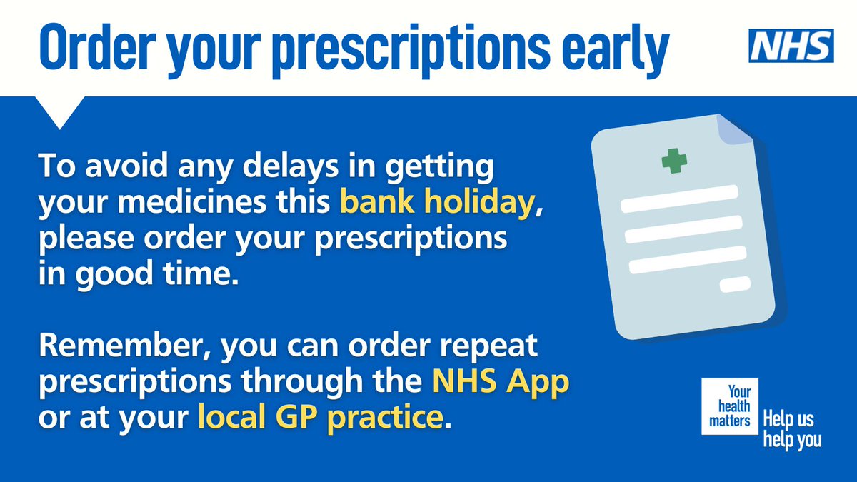 Remember to order your repeat prescription before the upcoming bank holiday. ⏰ To avoid any delays, it is important to order your repeat prescription in good time. 📱 Order repeat prescriptions through the NHS App or at your local practice. Learn more: bit.ly/3c6j1jt