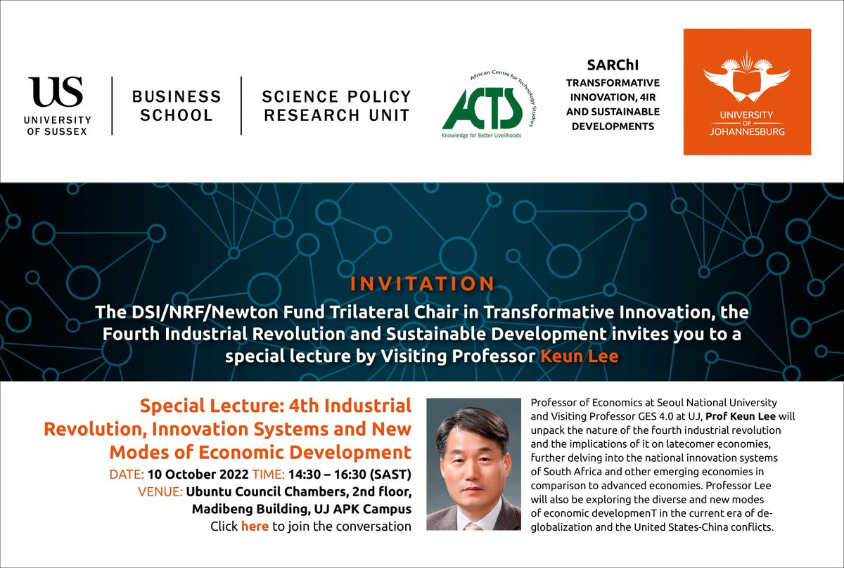 Join this upcoming lecture by our Visiting Professor (GES 4.0) Keun Lee on the fourth industrial revolution, innovation systems and modes of economic development. 🗓️10 October at 14:30 🏢Ubuntu Chambers, Kingsway Campus. Register here: tinyurl.com/mw7rtcan