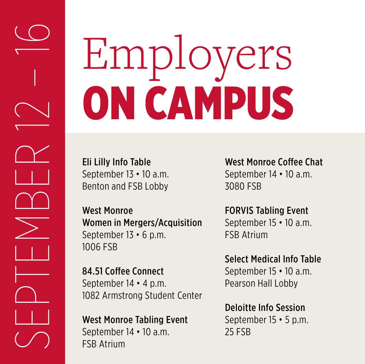 MiamiOHCareers's tweet photo. Don't miss your chance to #connect with employers this week on campus! #HireMiamiOH https://t.co/PAU52VK3rb