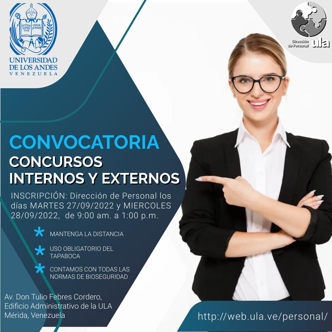 CONVOCATORIA CONCURSOS INTERNOS Y EXTERNOS CIRCULAR DP – 1310/2022 
tinyurl.com/2mxppxw6
#ULA #ULANOTICIAS #CONCURSOS #INTERNOS #EXTERNOS #GANADOR #ELEGIDOS #CONCURSOPUBLICO #CONCURSO2022 #CONCURSO #CONCURSOMERIDA #VENEZUELA