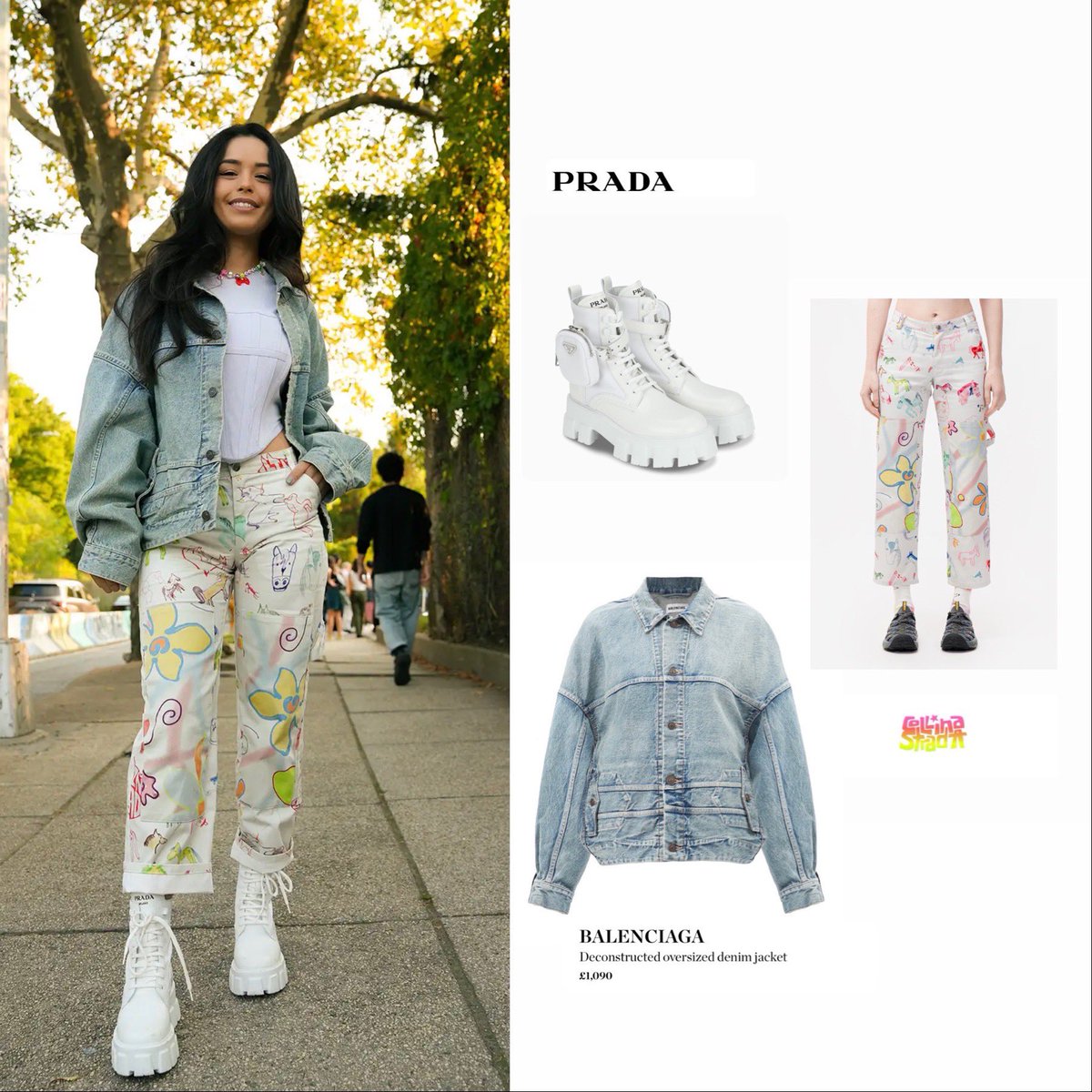 valkyraecloset's tweet photo. valkyrae at #NYFW this week, she wore
1.@BALENCIAGA deconstructed oversized denim jacket ($1090)
2.@Prada white monolith brushed leather &amp; nylon boots (€1250)
3.@CollinaStrada sketch-print wide leg trousers 
either costum made for her or is this print currently out of stock! https://t.co/dfuvvrX17K