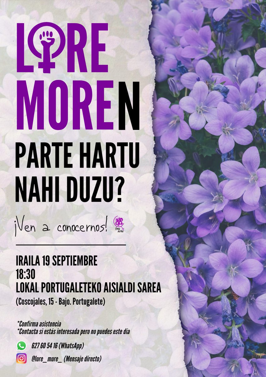 Portuloremore's tweet photo. Talde feminista batean militatzeko jakin-mina duzu? LoreMoreri buruz jakin nahi?
Si alguna compañera quiere unirse a nosotras... El lunes nos reuniremos un ratito para explicar quienes somos y por qué luchamos
🗓 Iraila 19 de septiembre 
📍 PAS lokalean, Koskojales k.
🕒 18:30 https://t.co/9WzzBu6OQw