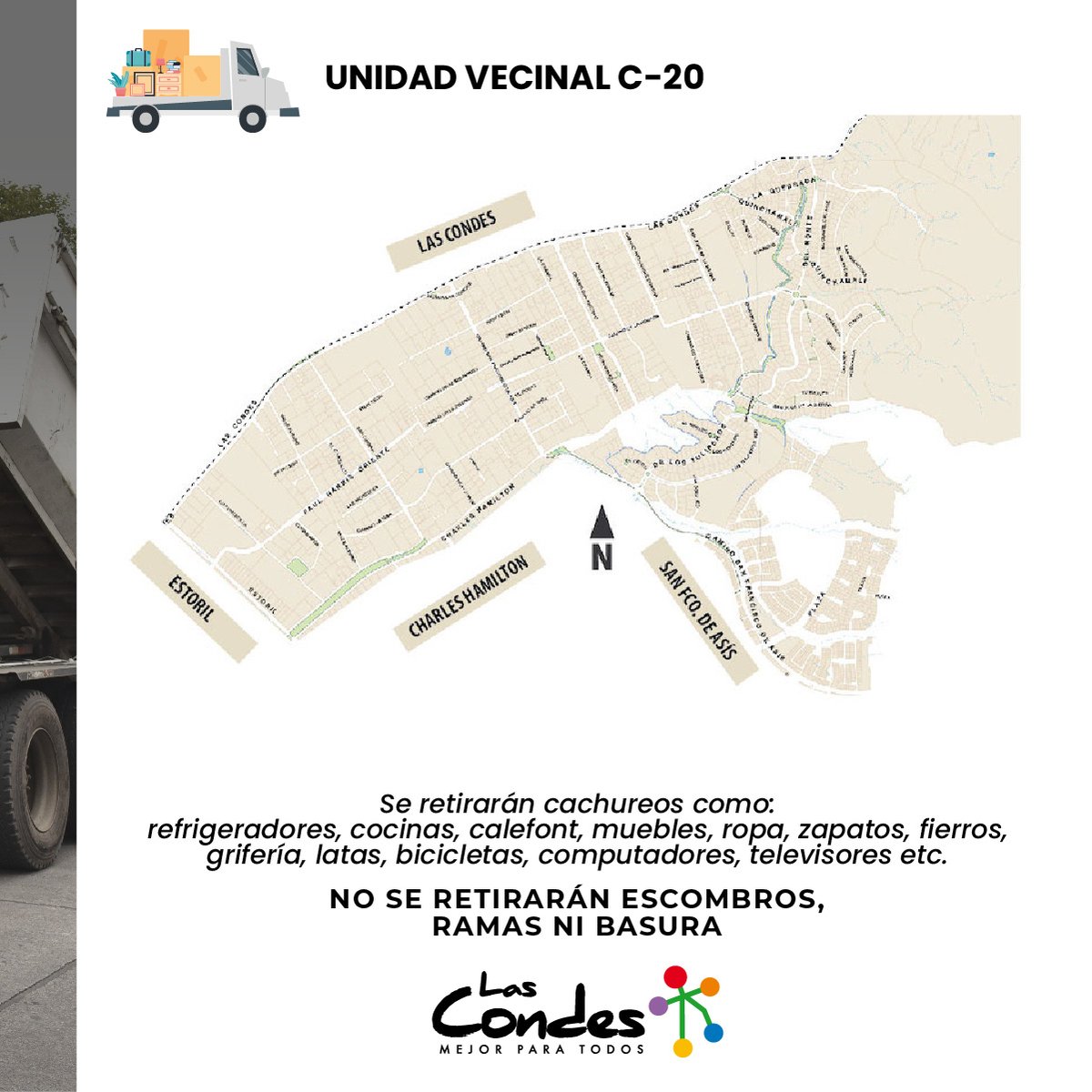 👀 ¡Atención vecinos de la UV C-20! Este sábado 17/9, entre 8 y 16 horas, recogeremos lo que ya no ocupen en su hogar. 🚛🚍 
¡RECUERDEN DEJAR LAS COSAS FUERA DEL DOMICILIO ANTES DEL MEDIODÍA! ⏰
Más info 👉 bit.ly/325Ecbw 
#LasCondesTeCuida #LasCondesVerde
<a href="/LC_aseo/">Dirección de Aseo</a>