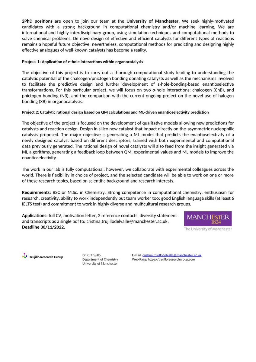 Cristina Trujillo π₯οΈ βοΈ (@trujillo_group) on Twitter photo π’Do you want to join our group? 2PhD positions in #compchem #Organocatalysis are open in our team at the
<a href="/UoMChemistry/">UoM Chemistry</a>
. Please RT! βοΈπ₯οΈ
#ChemTwitter #chemPhD
findaphd.com/phds/project/cβ¦
findaphd.com/phds/project/aβ¦ π’Do you want to join our group? 2PhD positions in #compchem #Organocatalysis are open in our team at the
<a href="/UoMChemistry/">UoM Chemistry</a>
. Please RT! βοΈπ₯οΈ
#ChemTwitter #chemPhD
findaphd.com/phds/project/cβ¦
findaphd.com/phds/project/aβ¦
