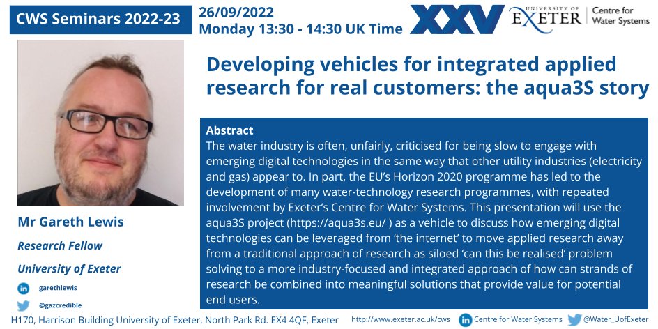 We are so happy to share @aqua3S story at the CWS Seminars 22-23, coming up on Monday, September 29 from 13:30-14:30 (UK Time) at the <a href="/UniofExeter/">University of Exeter</a>. Want to learn more? Check more details: linkedin.com/feed/update/ur…