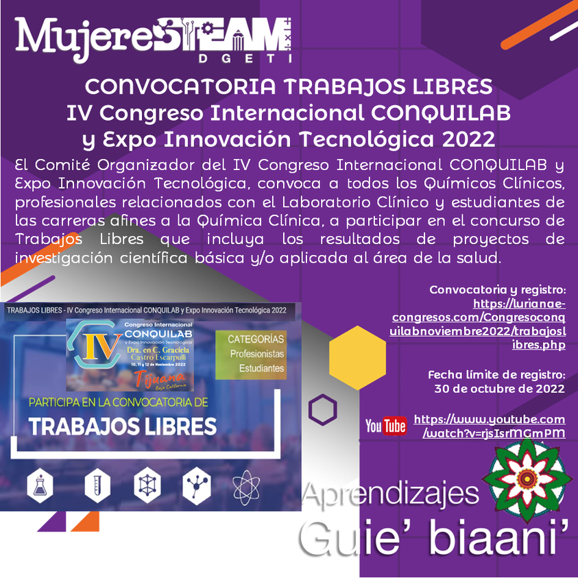 MujerSTeamDGETI's tweet photo. Este #MartesDeAprendizajesGuiebiaani compartimos la Convocatoria para “TRABAJOS LIBRES - IV CONGRESO INTERNACIONAL CONQUILAB Y EXPO INNOVACIÓN TECNOLÓGICA 2022”.
Convocatoria y registro:
https://t.co/aPPZI9PVUj 
Fecha límite de registro:
30 de octubre 2022 https://t.co/T2cBdsmjjD