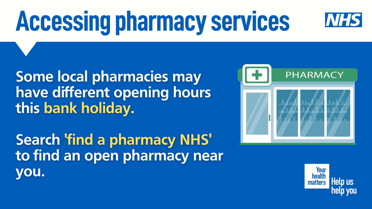 Not all Community Pharmacies will be open this bank holiday. You can check the opening times of your local #NHS #pharmacy online. 💊 Learn more: nhs.uk/service-search… #PrimaryCare #CommunityPharmacy