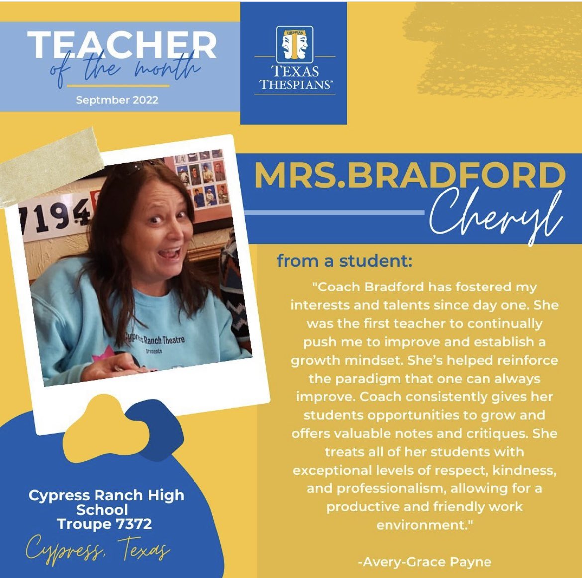 Congratulations to the September Thespian Teacher of the Month! To nominate a Teacher who makes a difference in your life - visit the STO instagram- @Texasthespians
