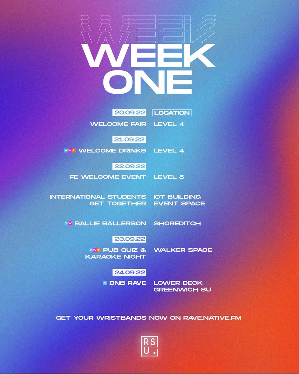 rsu_tweets's tweet photo. Finally… we are so excited to announce your full 3-week event line up for the Welcome Festival 2022!

Here you’ll see a range of events from in-house specials featuring the SU Bar, external club nights and exciting SU hosted events in some of the best local London venues. https://t.co/Gp4OfmOOTA