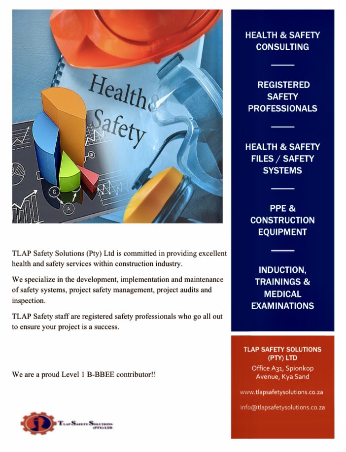 TlapSafety's tweet image. For Health &amp;amp; Safety Services, we are one call away!! tlapsafetysolutions.co.za             #safety #constructionsa