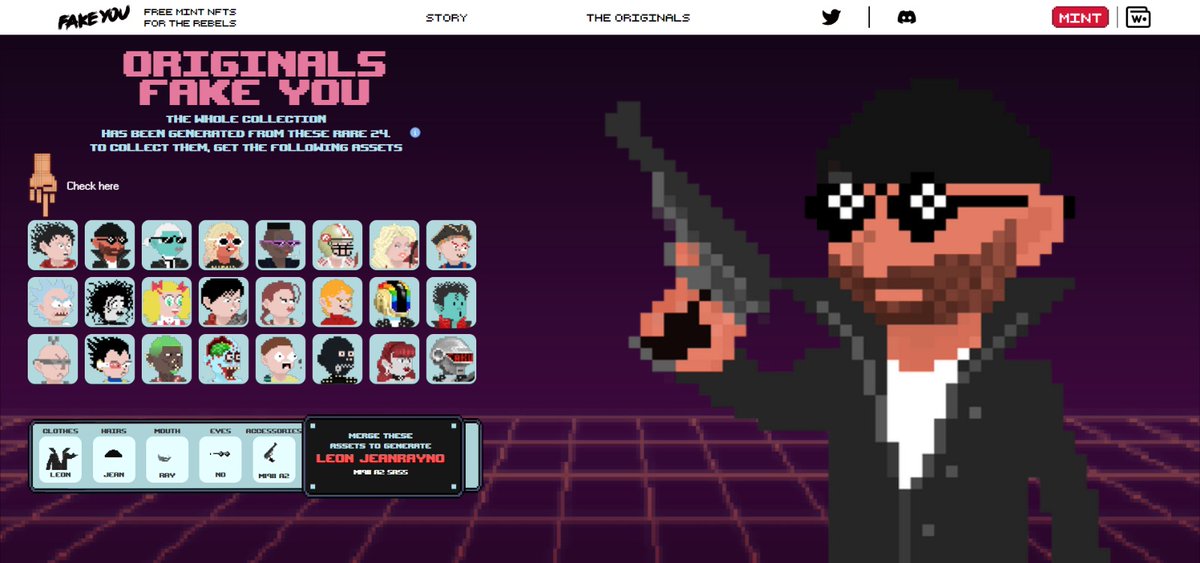 FakeYou_NFT's tweet photo. Example: If you want to obtain "Leon", you need to find all the properties that match with him ✨

(👕Clothes +💇‍♂️Hairs +👄Mouth +👀Eyes +🎸Accessories)

But that's not all! Collect all the 24 Original Fakes for a chance to get your own customized Fake You NFT! 🦹✨👀 https://t.co/AXzNzXG8DI